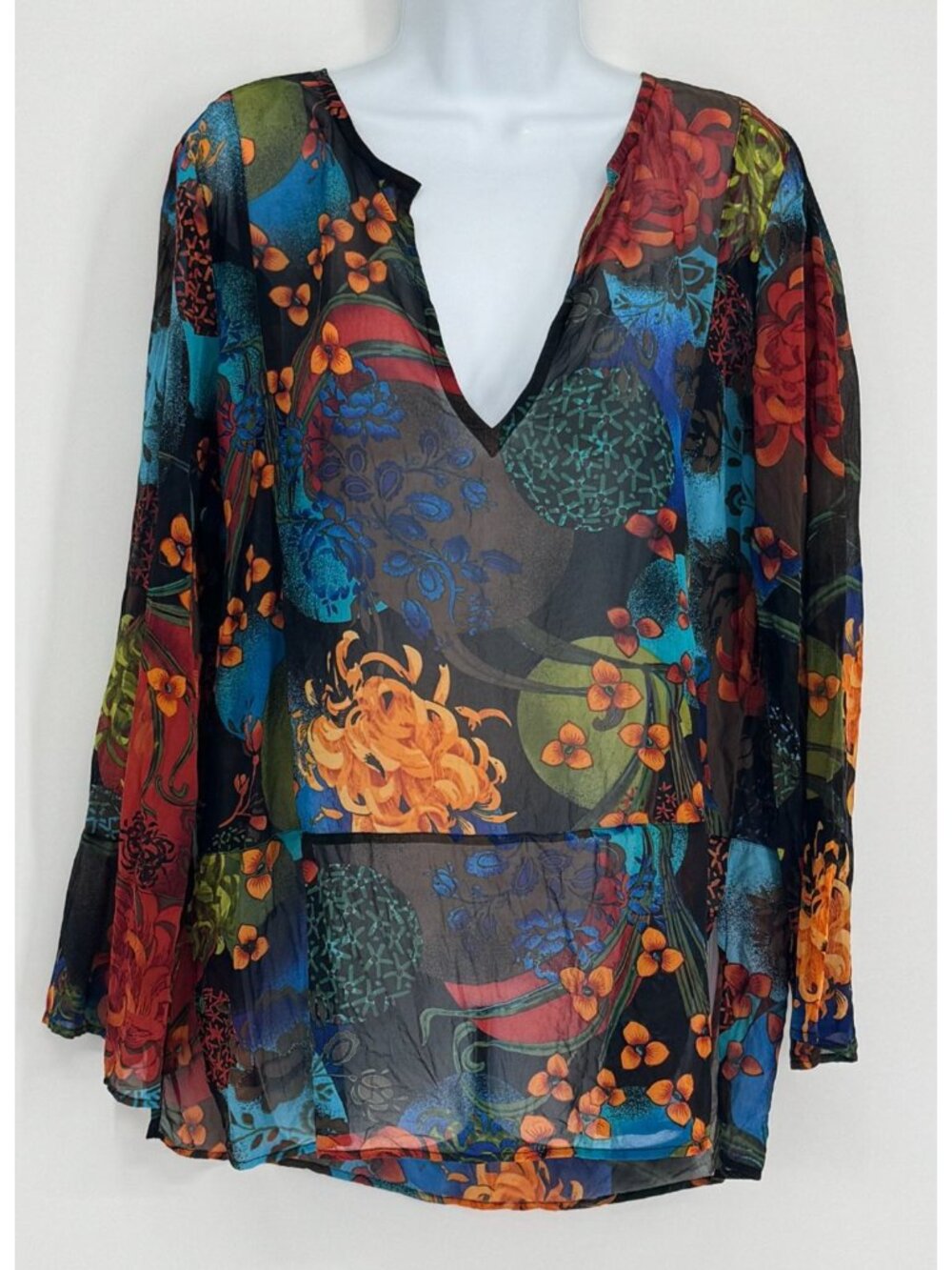 Sheer 100% Silk Floral V-Neck Blouse Colorful Chiffon Top L Artsy Statement